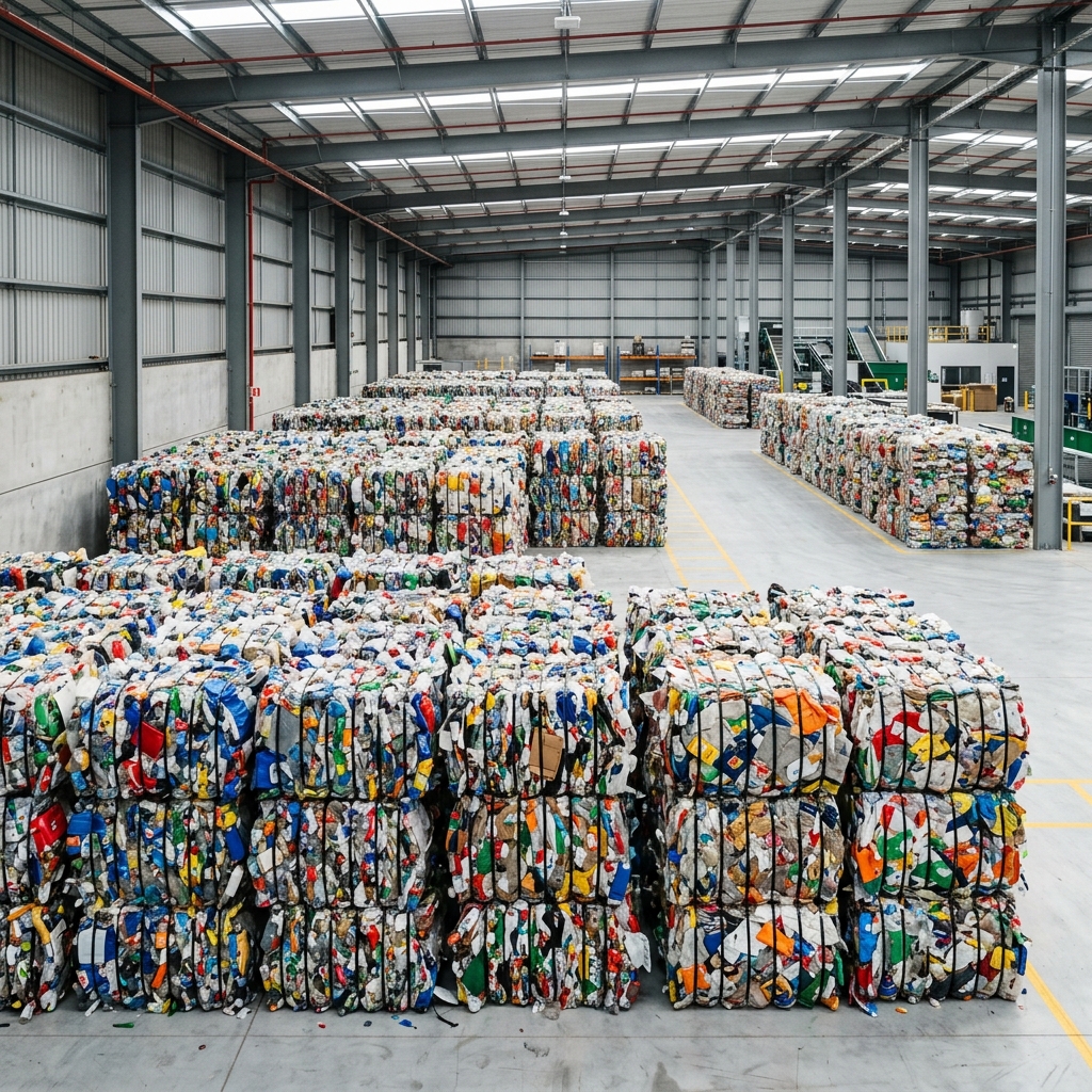 Compressed bales of non-recyclable mixed plastic waste in industrial facility